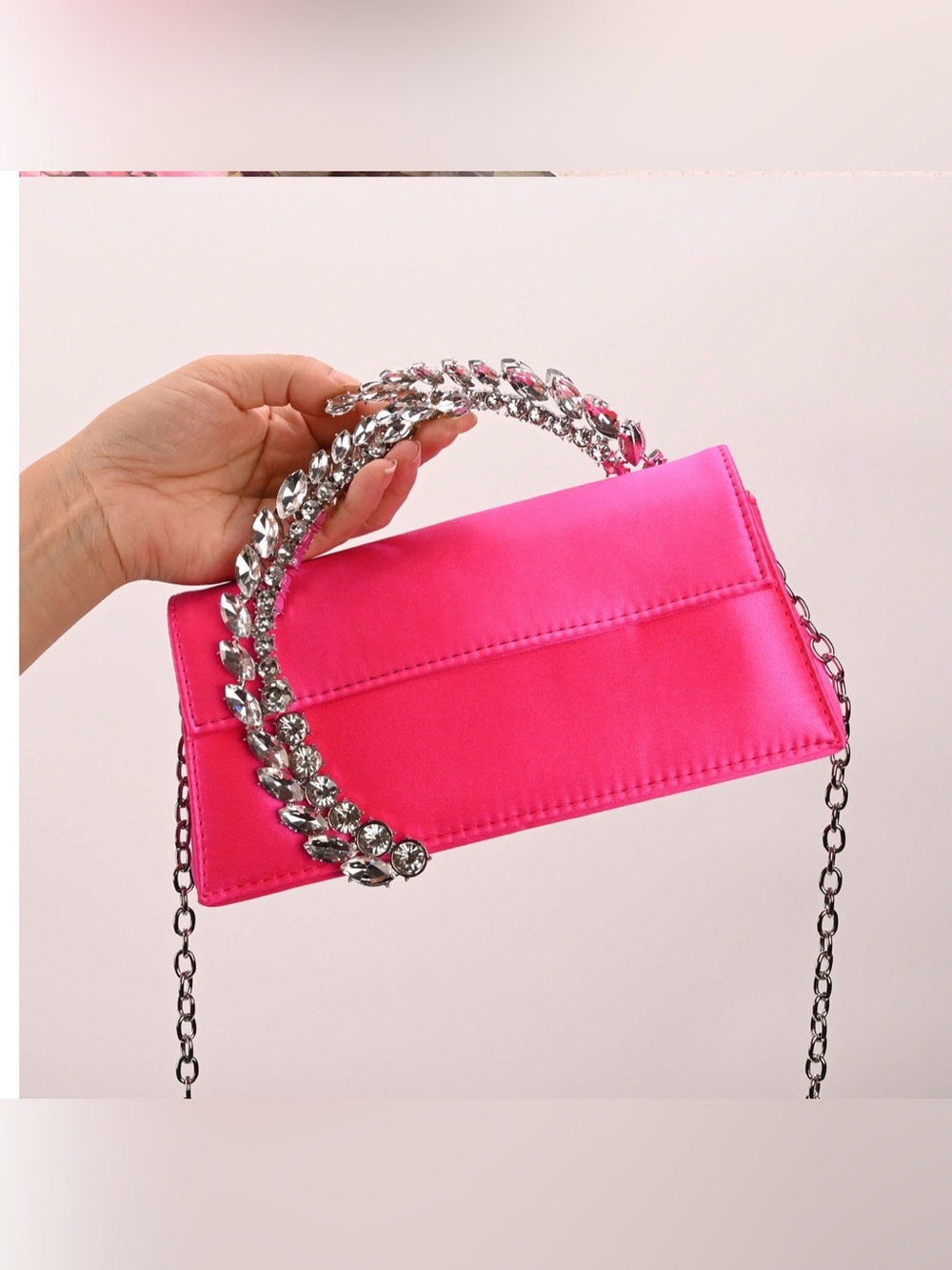 Cityclassified Hot Pink Satin Clutch with Crystal-Embellished Handle - Picture 9 of 11